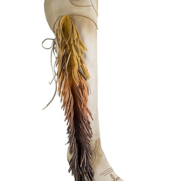 Stylish Fringe Over the Knee Boots - Cream - Picture 2 of 5